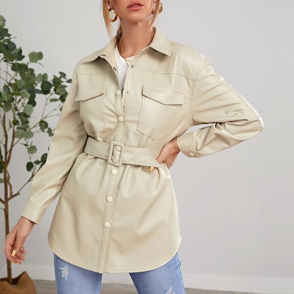 

Snap Button Front Belted PU Coat, Beige