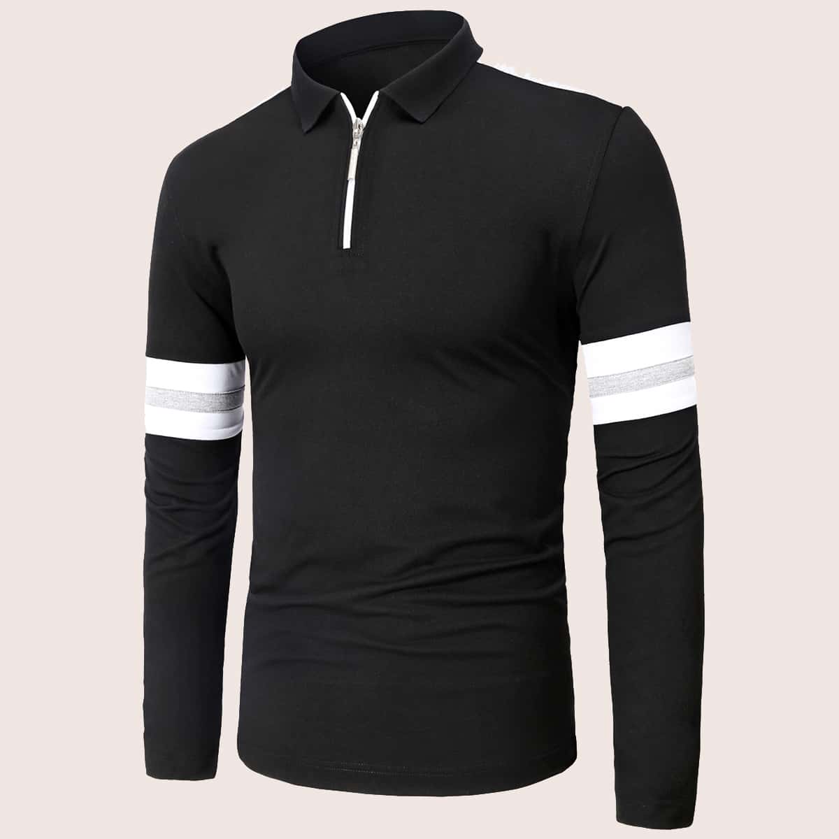 

Men Half Zipper Colorblock Polo Shirt, Black