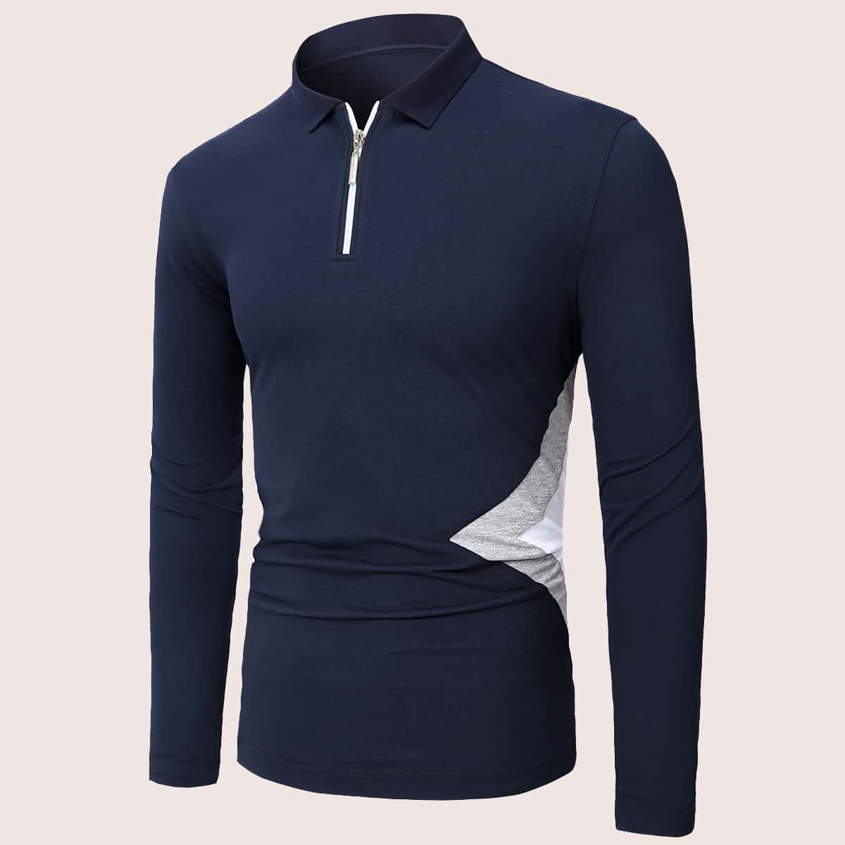 

Men Half Zipper Colorblock Polo Shirt, Navy blue