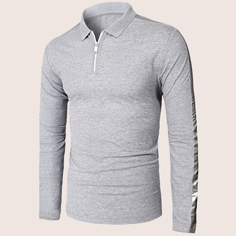 

Men Zip Half Contrast Panel Side Polo Shirt, Grey
