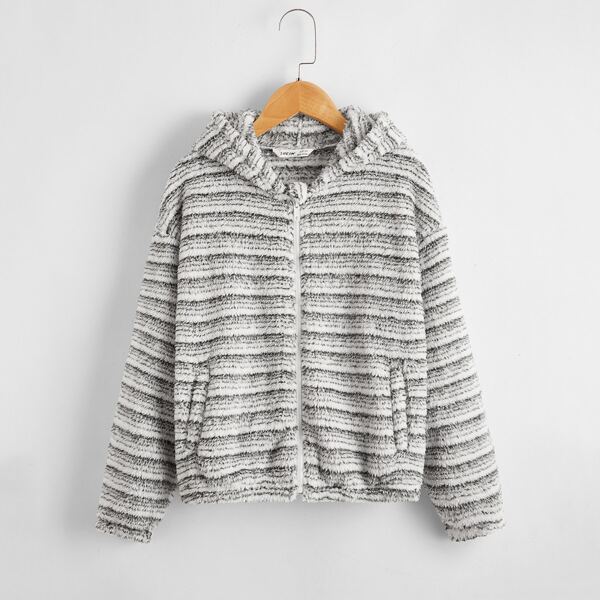 

Girls Pocket Front Striped Teddy Jacket, Grey