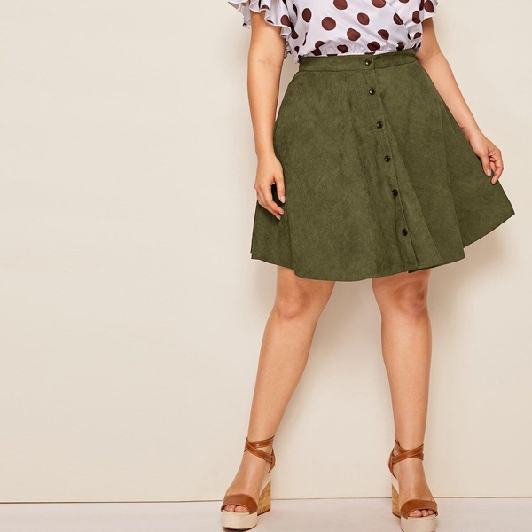 

Plus Button Up Corduroy Skirt, Army green