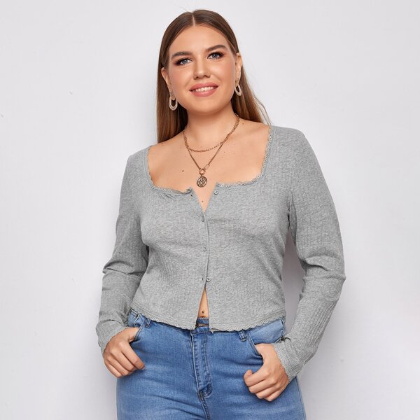 

Plus Button Placket Lace Trim Rib-knit Top, Light grey
