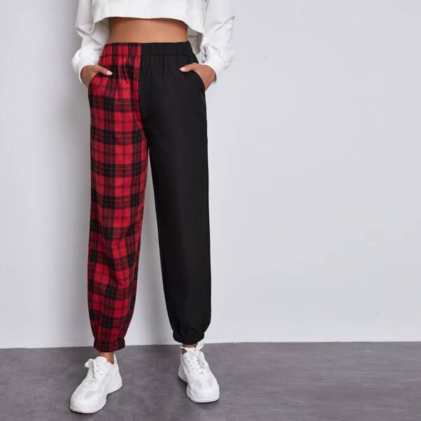 

Plaid Spliced Elastic Waist Sweatpants, Multicolor