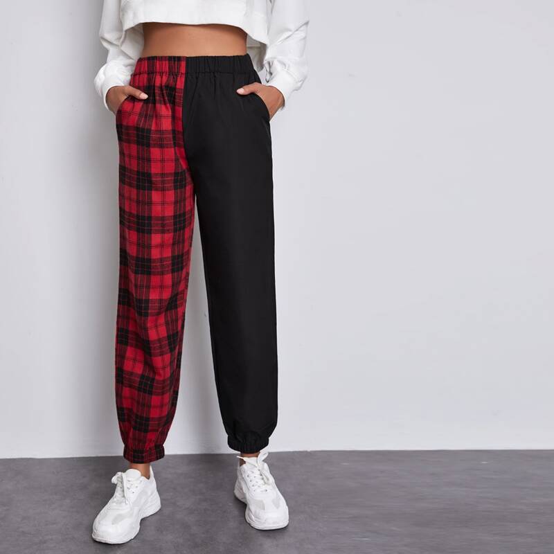 

Plaid Spliced Elastic Waist Sweatpants, Multicolor