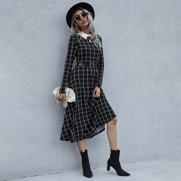 

Contrast Collar Plaid A-line Dress, Black