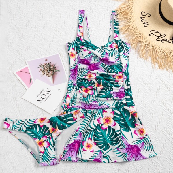 

Tropical & Floral Ruffle Hem Bikini Swimsuit, Multicolor