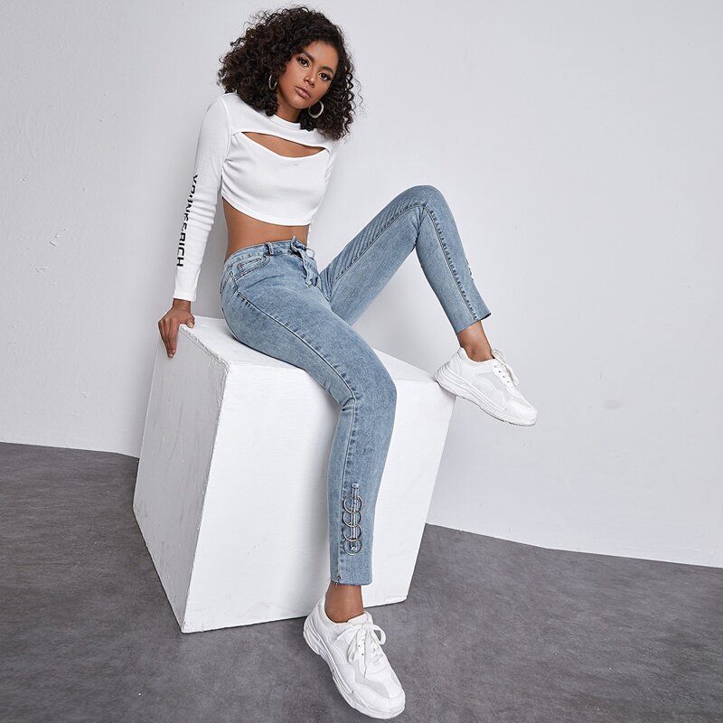 

High Waist High Stretch O-ring Detail Skinny Jeans, Light wash