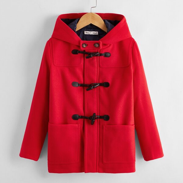 

Boys Pocket Front Horn Buckle Overcoat, Red