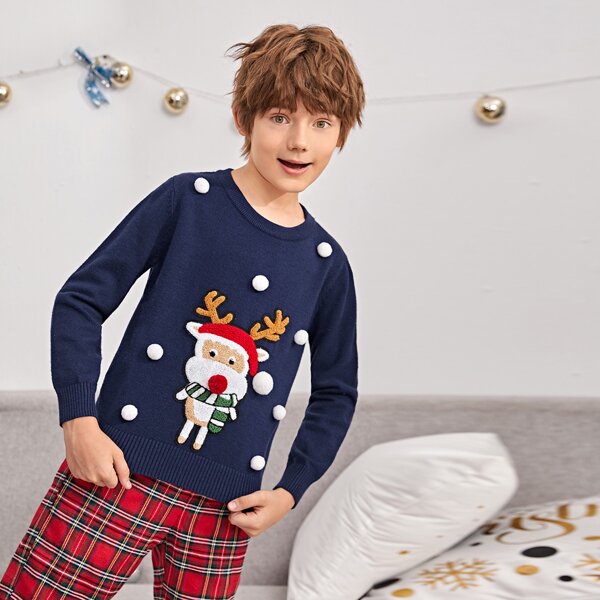

Boys Christmas Deer Embroidery Pom Pom Detail Sweater, Navy blue