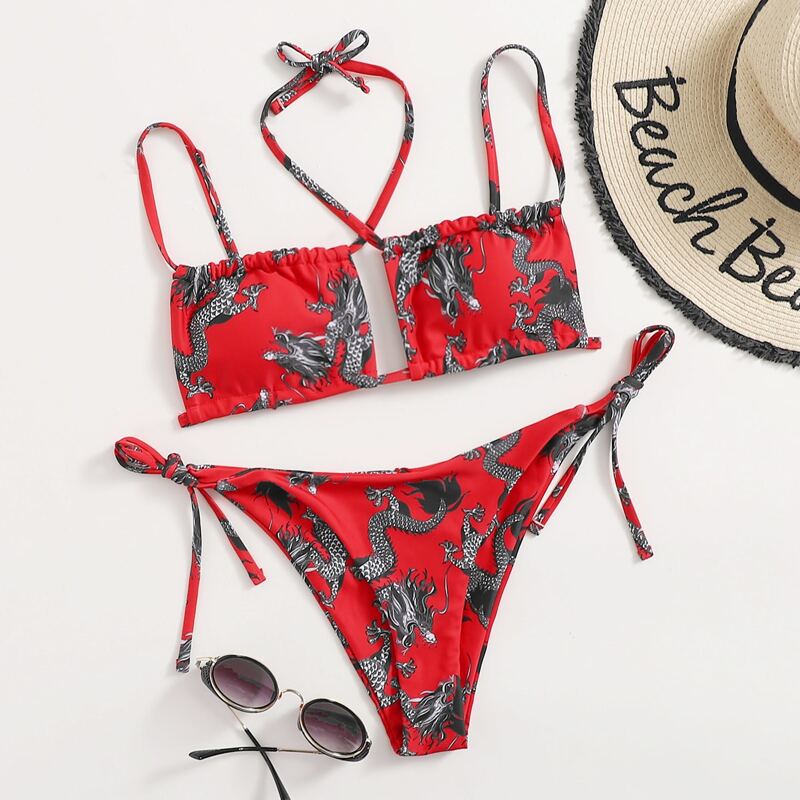 

Dragon Print Tie Side Bikini Swimsuit, Red