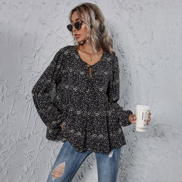 

Tie Neck Allover Print Peplum Blouse, Black and white