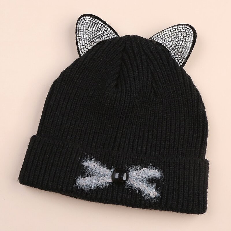 

3D Rhinestone Ears Cuffed Knit Beanie, Black