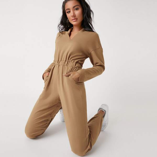 

Pocket Front Elastic Waist Jumpsuit, Camel