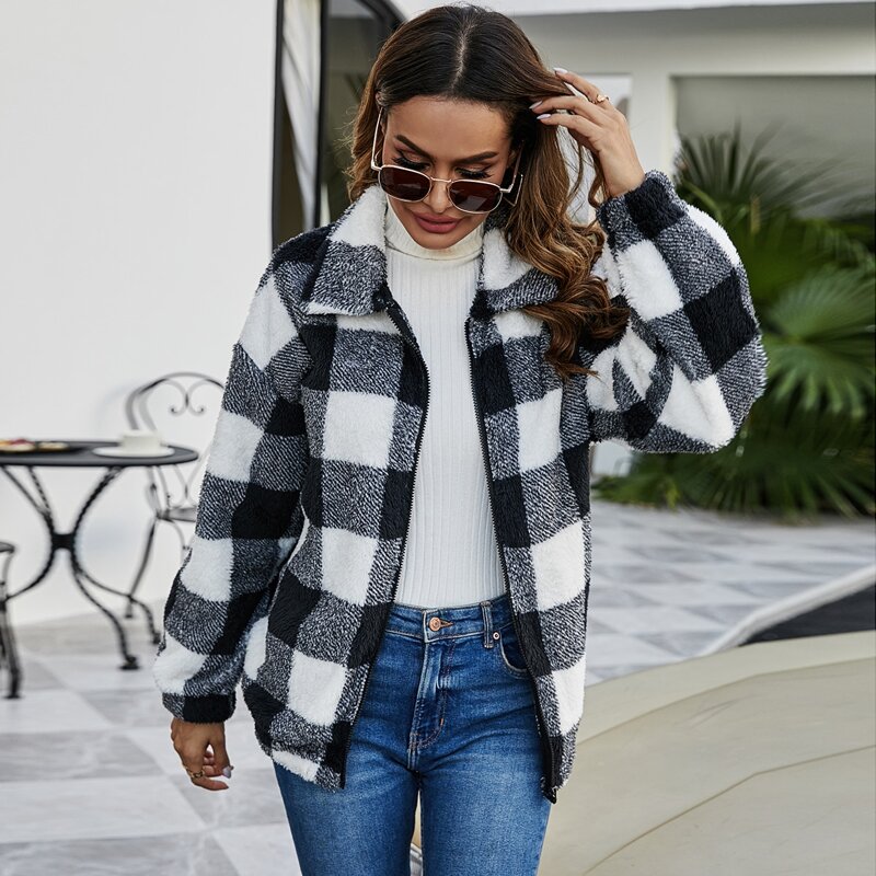 

Gingham Print Zip Up Drop Shoulder Teddy Jacket, Black and white