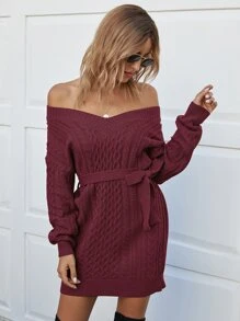 Vestido jersey con cinturón tejido de cable - Granate - Ver 1