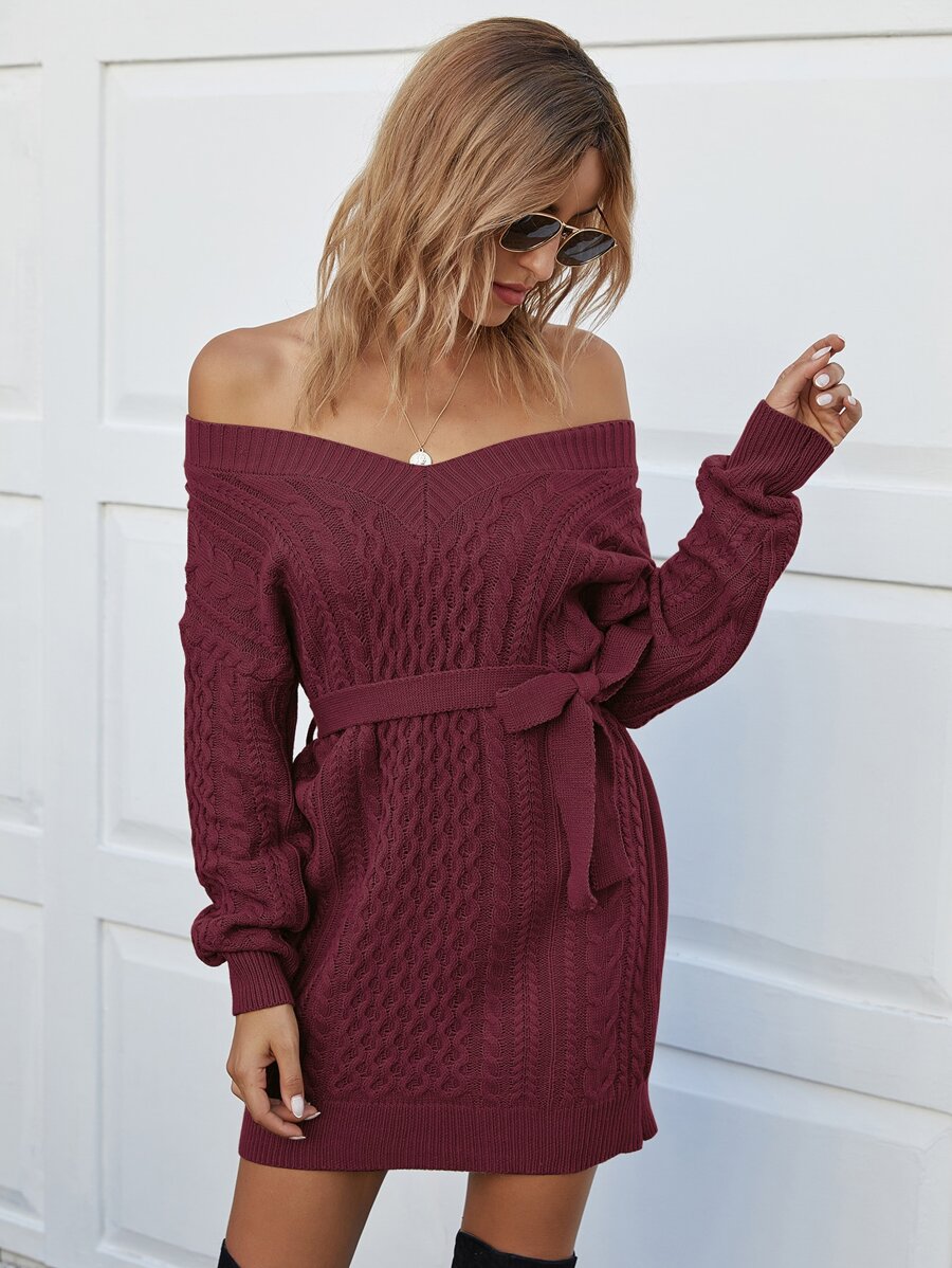 Vestido jersey con cinturón tejido de cable - Granate - Ver 1