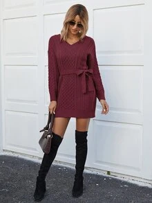 Vestido jersey con cinturón tejido de cable - Granate - Ver 6