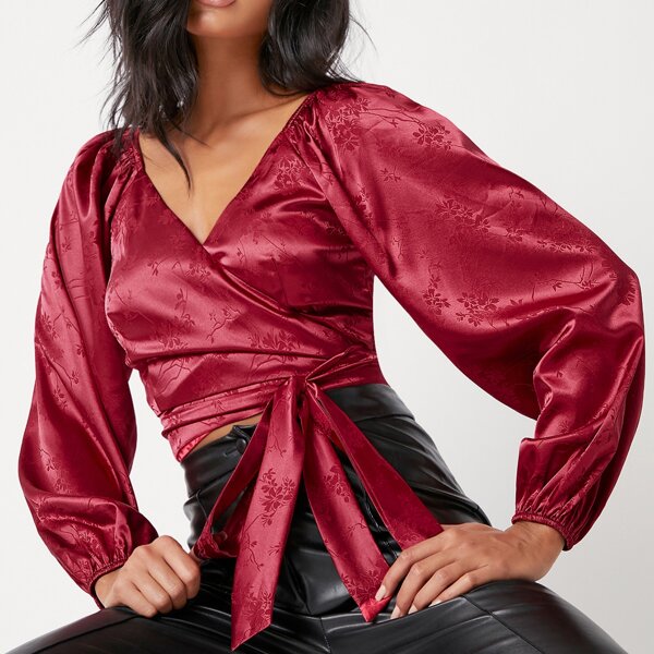 

Surplice Neck Tie Front Satin Top, Rose red