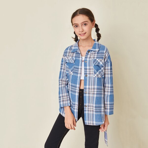 

Girls Pocket Front Self Belted Blouse, Blue