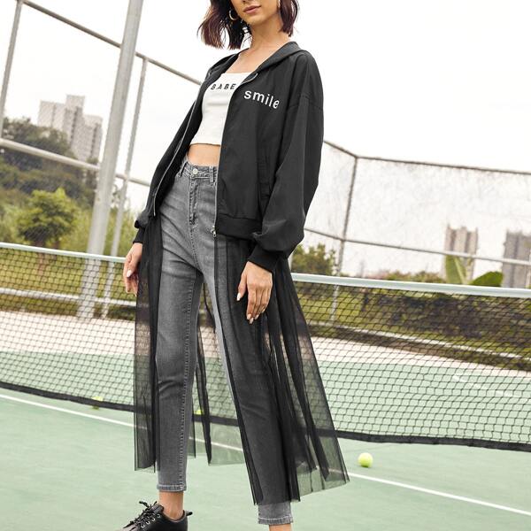 

Letter Graphic Wind Jacket With Skirt, Black