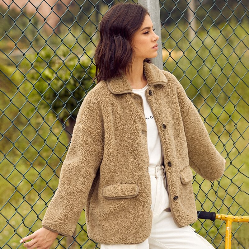 

Drop Shoulder Button Front Teddy Coat, Khaki