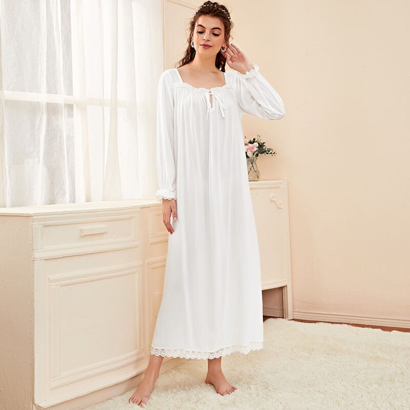 

Contrast Lace Tie Neck Night Dress, White