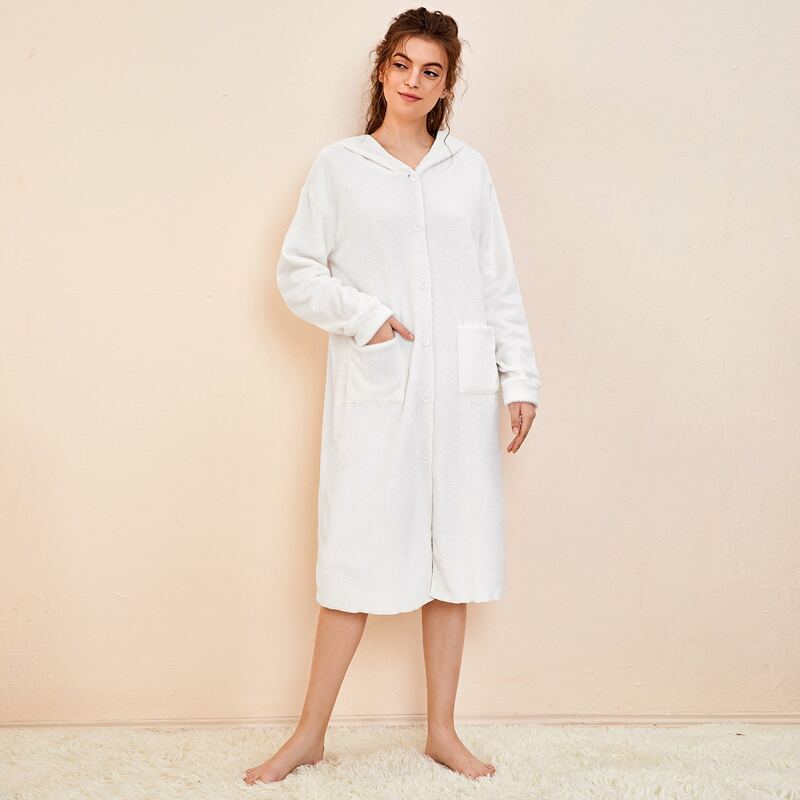 

Solid Dual Pocket Hooded Teddy Robe, White