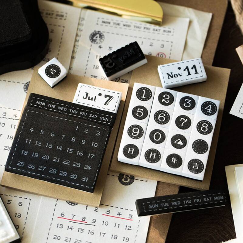 

Mini Calendar & 17pcs Stamp & 20sheets Paper, Black and white