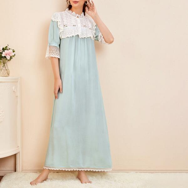 

Contrast Lace Button Front Night Dress, Mint green