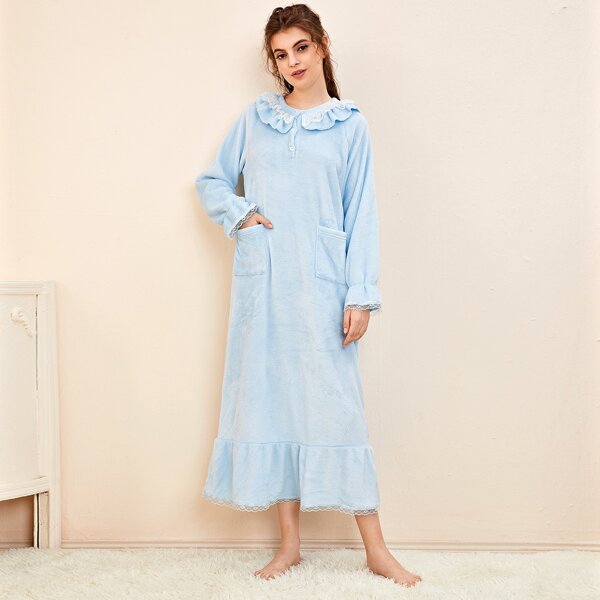 

Ruffle Trim Half Button Dual Pocket Flannel Dress, Baby blue