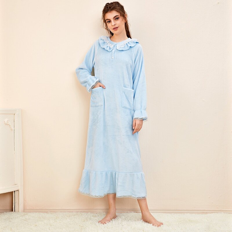 

Ruffle Trim Half Button Dual Pocket Flannel Dress, Baby blue