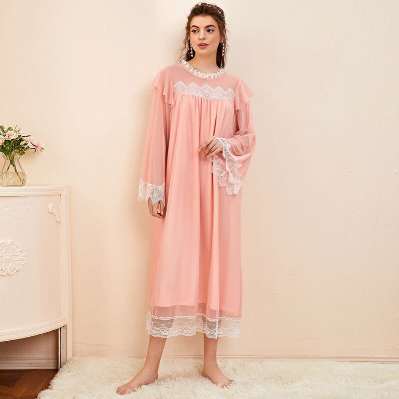 

Contrast Lace Ruffle Trim Night Dress, Coral pink