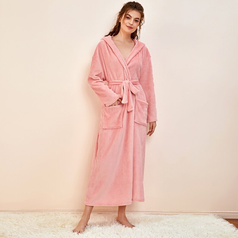 

Solid Dual Pocket Hooded Belted Flannel Robe, Coral pink