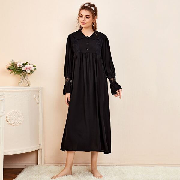 

Contrast Lace Peter Pan Collar Button Front Night Dress, Black