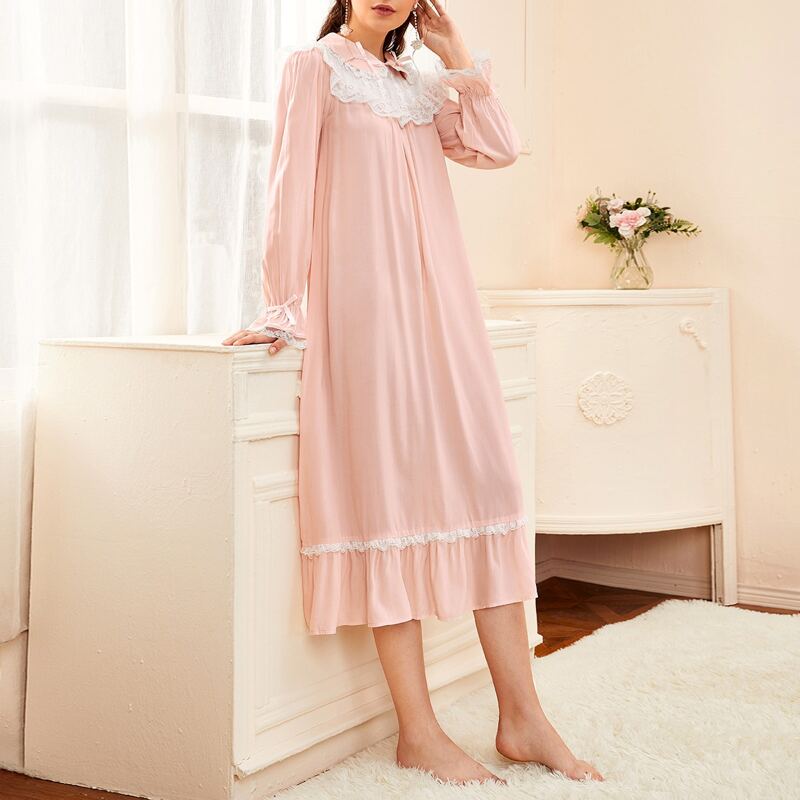 

Contrast Lace Ruffle Hem Doll Collar Night Dress, Baby pink