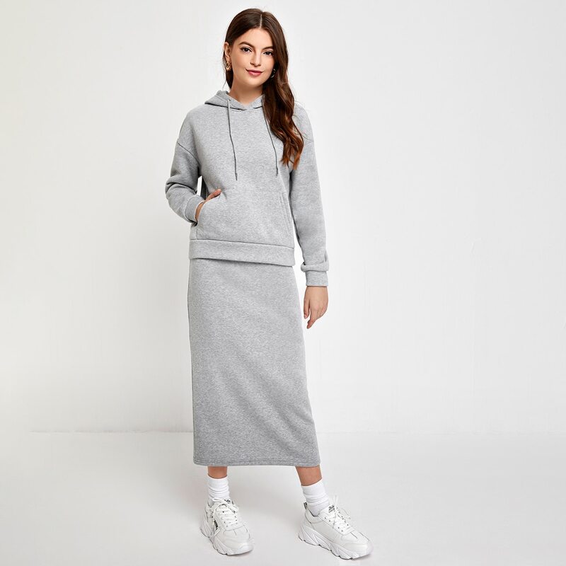

Drop Shoulder Drawstring Hoodie & Skirt Set, Light grey
