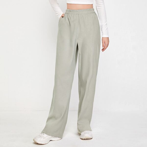 

High Waist Straight Leg Pants, Light grey