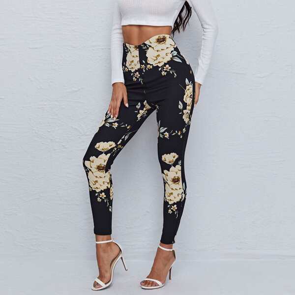 

Floral Print High Rise Skinny Pants, Black