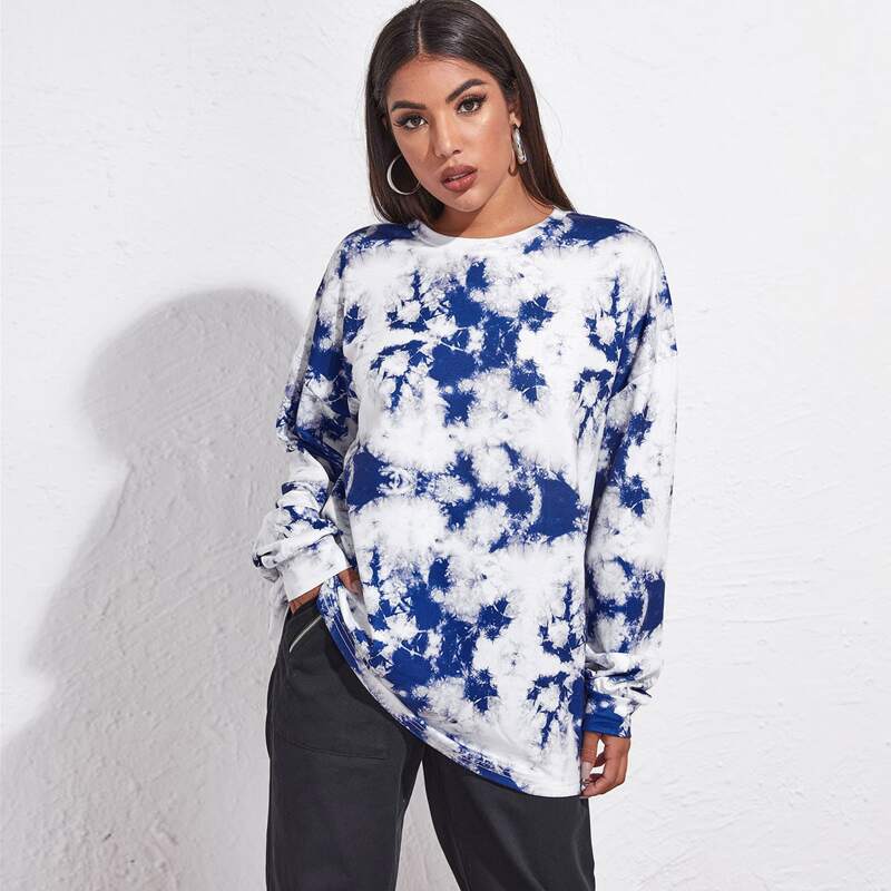 

Tie Dye Drop Shoulder Oversized Sweatshirt, Blue and white