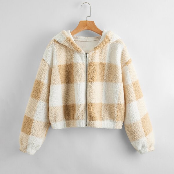 

Plaid Zip-up Teddy Hooded Jacket, Multicolor