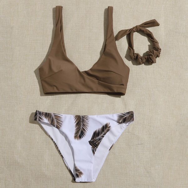

Palm Print Cheeky Bikini Swimsuit With Headband, Coffee brown