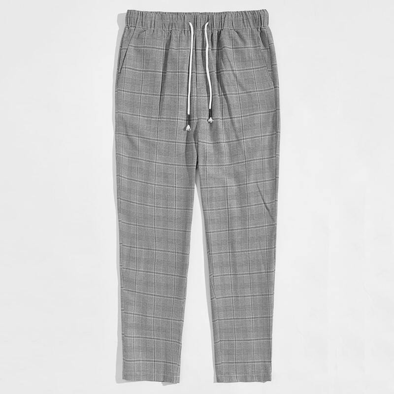 

Men Drawstring Waist Slant Pocket Plaid Pants, Grey