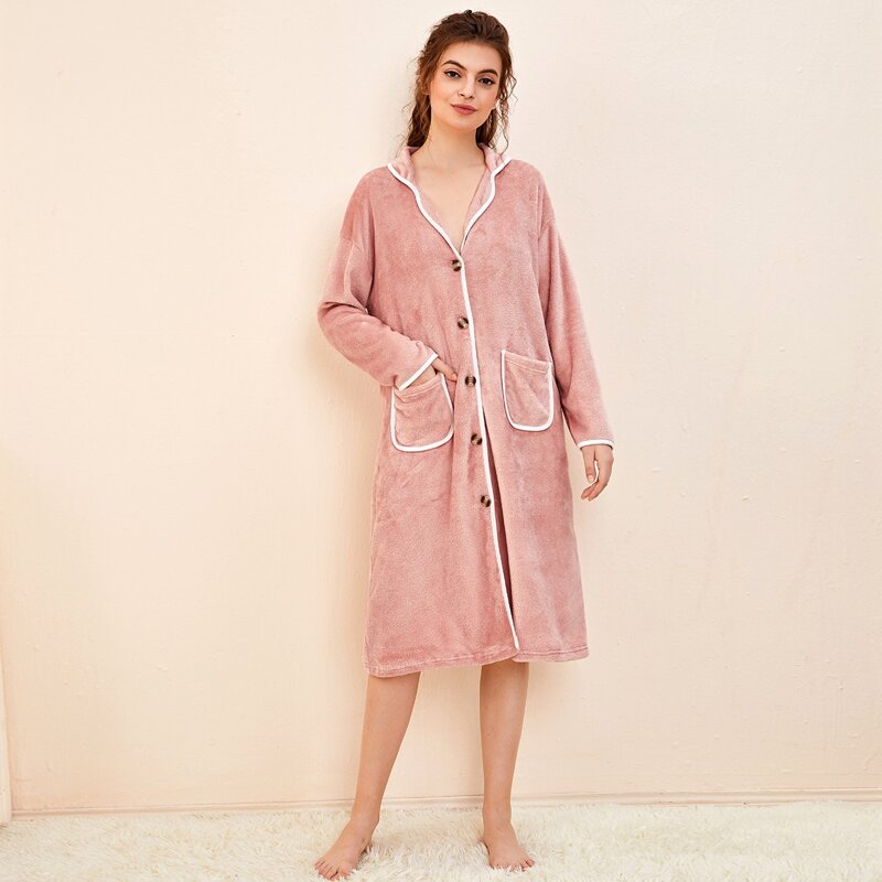 

Contrast Binding Button Front Flannel Robe, Dusty pink