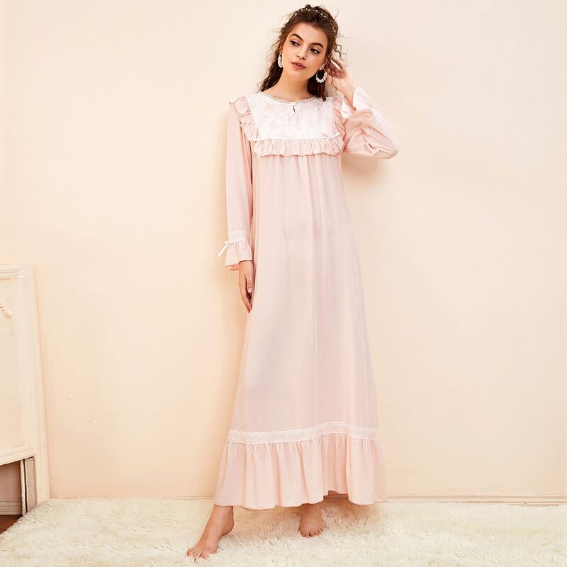 

Lace Trim Ruffle Trim Night Dress, Baby pink