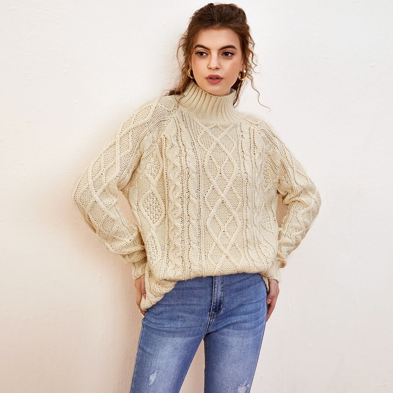 

High Neck Raglan Sleeve Mixed Knit Sweater, Beige