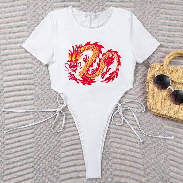

Chinese Dragon Print High Leg One Piece Swimsuit, White