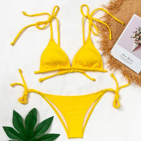 

Rib Triangle Tie Side Bikini Swimsuit, Yellow