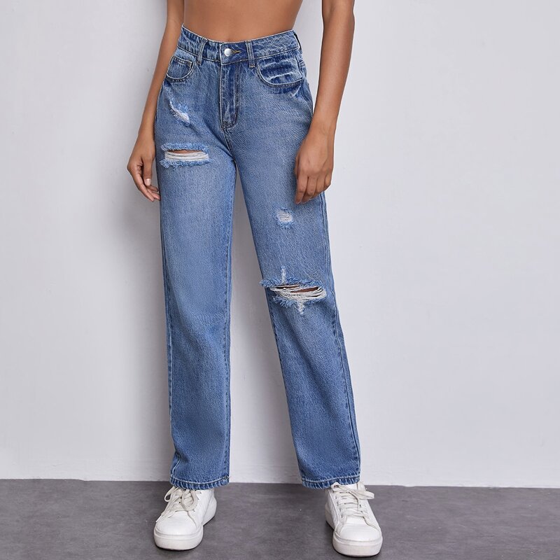 

High Waist Ripped Straight Jeans, Medium wash