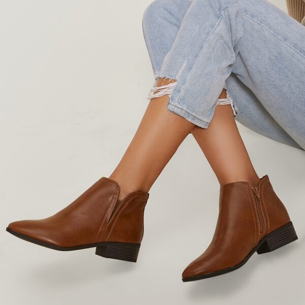

Burnished Faux Leather Zip-Up Ankle Boots, Brown